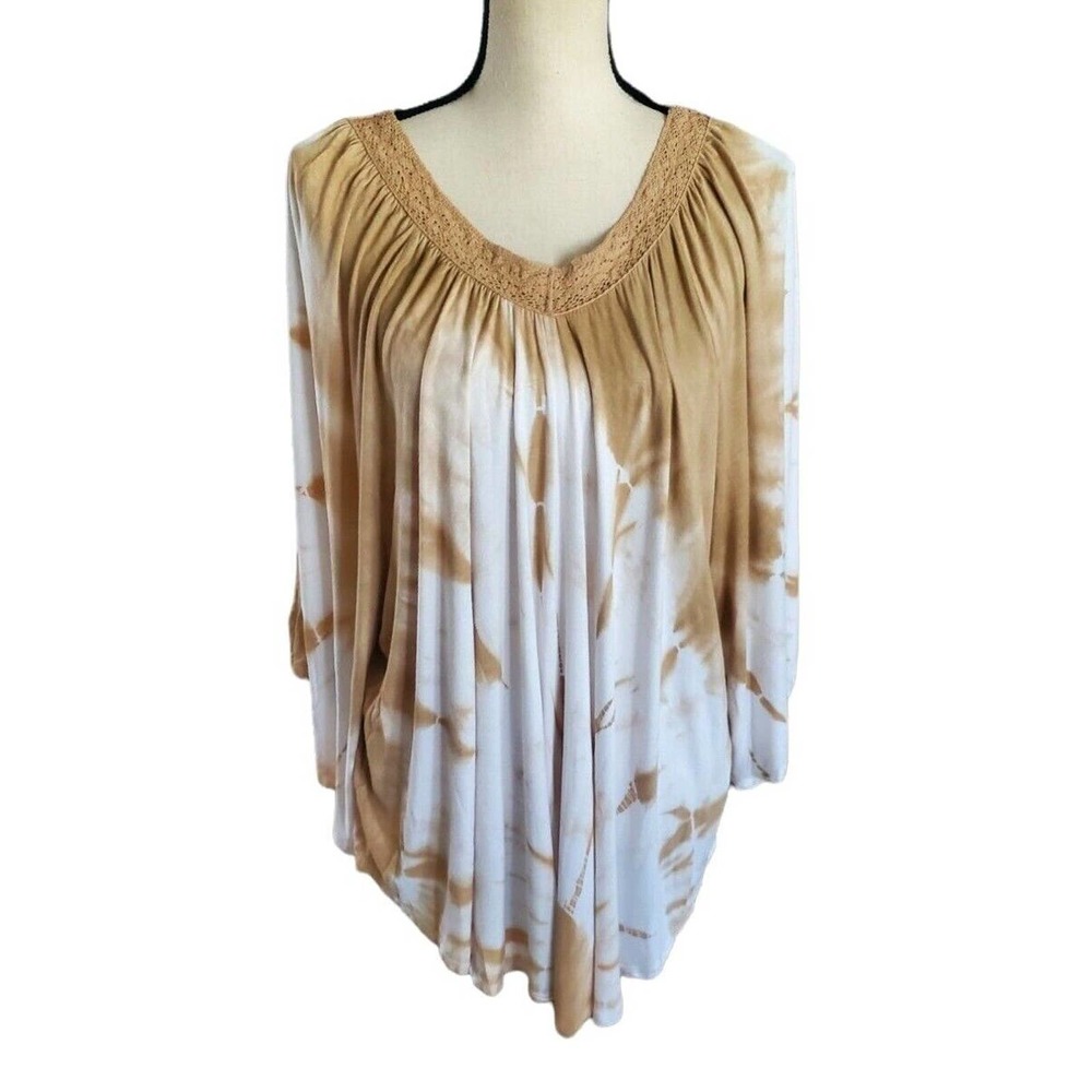 Chico's Tan & White Tie Dye Flared Sleeve V-Neck Flowy Knit Tunic Top Sz 1 or M